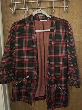 Maurices Red and Black Plaid Open-Front Blazer